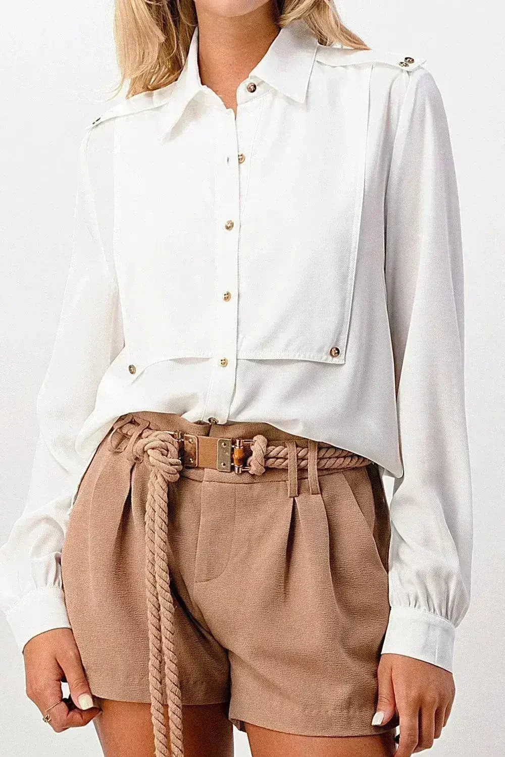 Long Sleeve Button-Down Blouse with Gold Button Accents - Femstylo