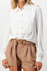 Long Sleeve Button-Down Blouse with Gold Button Accents - Femstylo