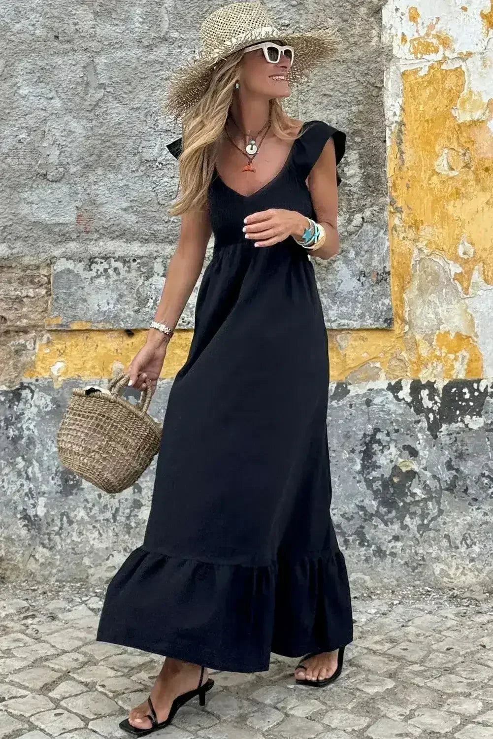 Black V Neck Flutter Sleeve Smocked Bodice High Waist Ruffle Maxi Dress - Femstylo