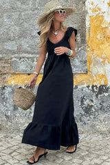 Black V Neck Flutter Sleeve Smocked Bodice High Waist Ruffle Maxi Dress - Femstylo