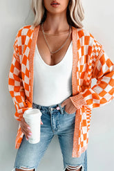Orange Checkered Open Front Drop Shoulder Cardigan