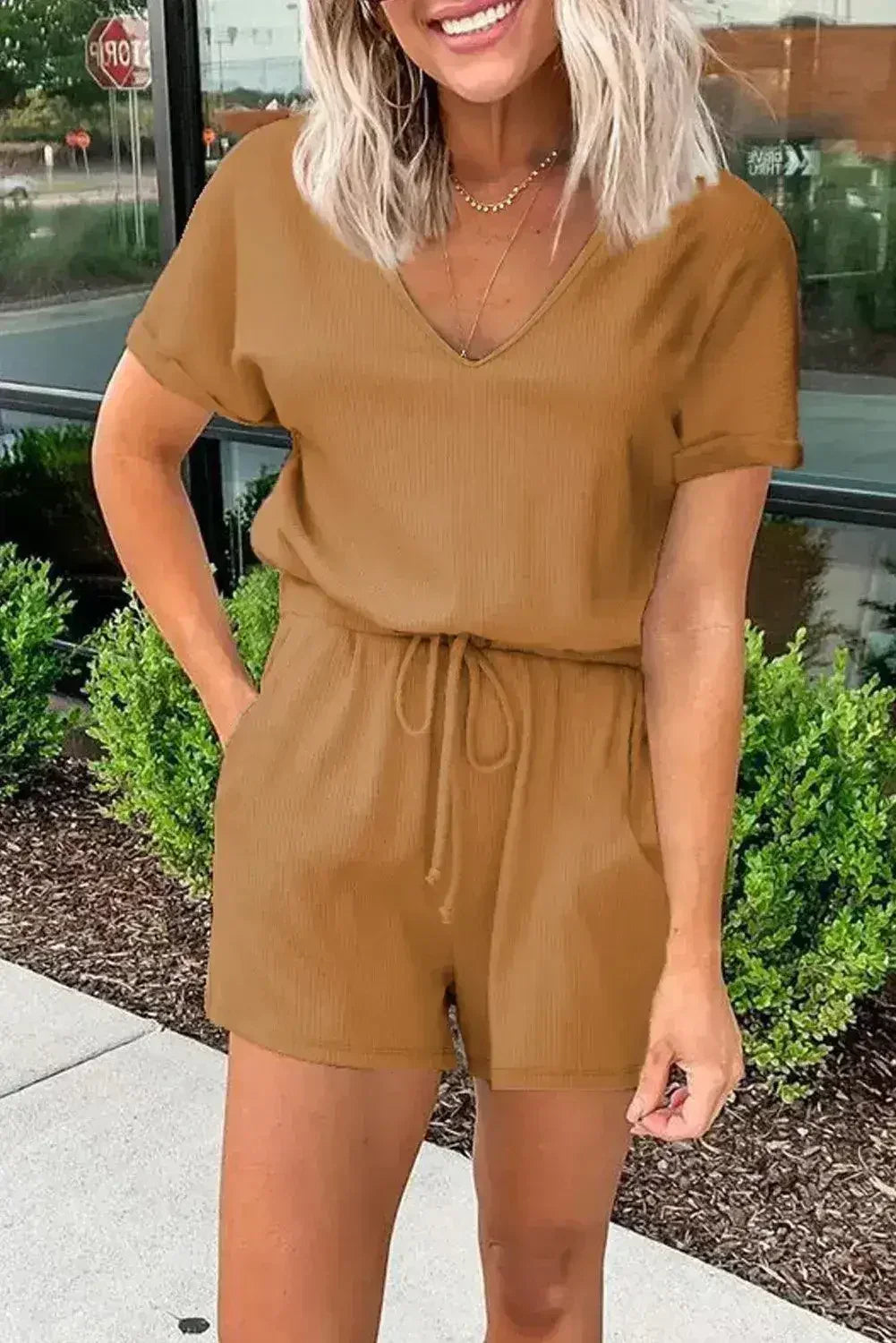 Casual Brown Short Sleeve Pocketed Knit Romper - Femstylo