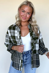 Black Plaid Print Textured Knit Buttoned Shacket
