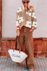 Smoke Gray Big Flower Pattern Contrast Striped Baggy Sweater