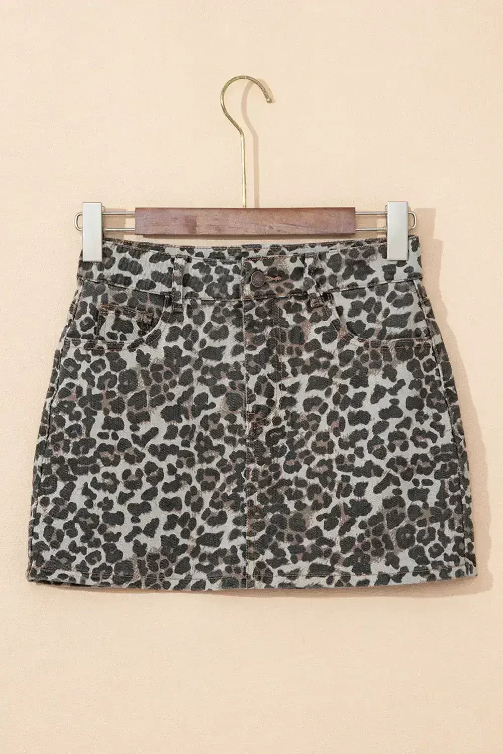 Khaki Allover Leopard Print Denim Mini Skirt - Femstylo