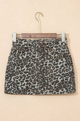 Khaki Allover Leopard Print Denim Mini Skirt - Femstylo