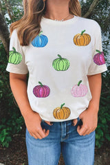 White Sequin Pumpkin Patched Cotton Blend T Shirt