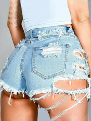 Distressed Raw Hem Denim Shorts with Pockets - Femstylo