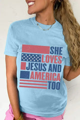 Light Blue SHE LOVES JESUS AND AMERICA TOO Patriotic T Shirt - Femstylo
