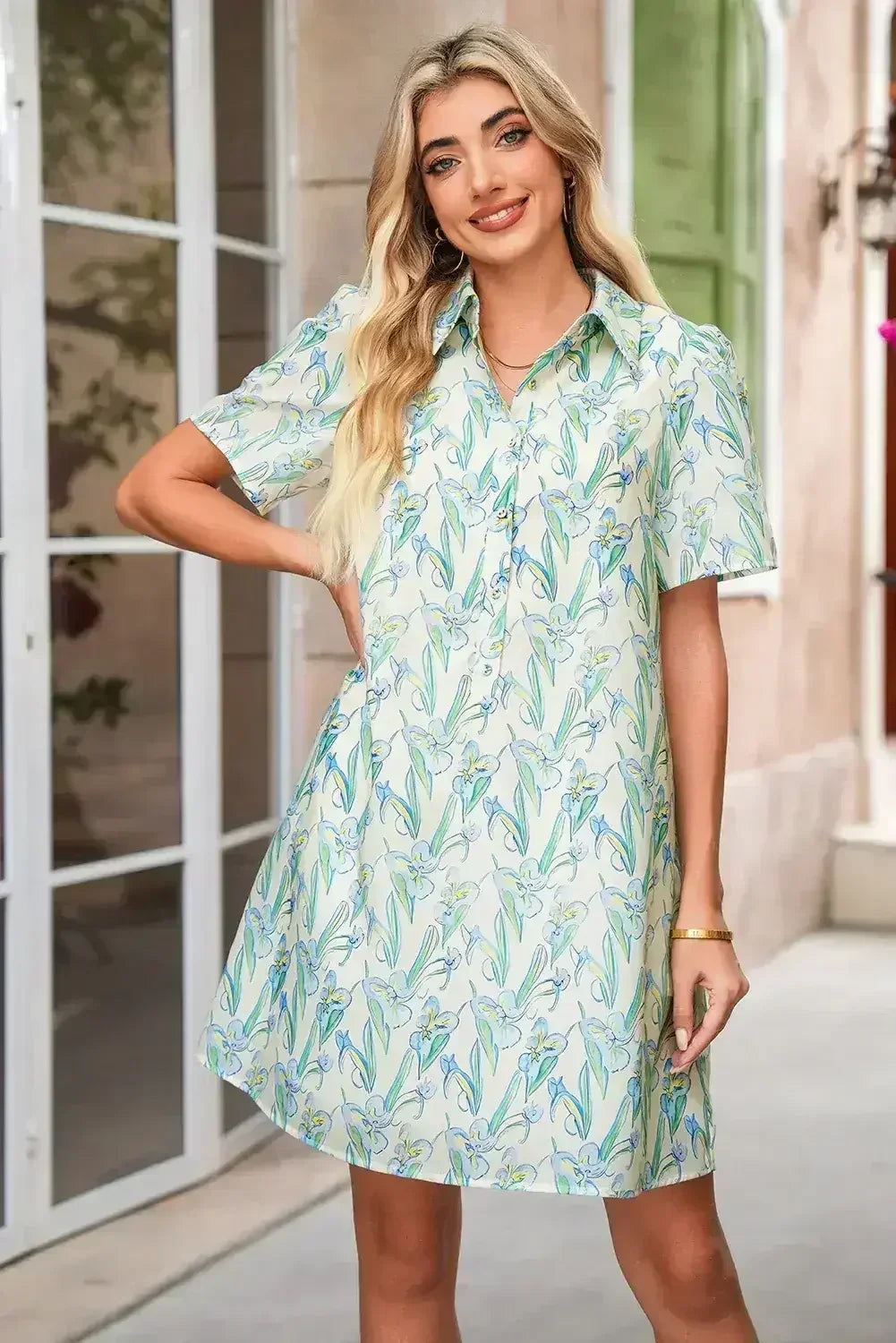 Green Floral Half Button Short Sleeve Mini Dress - Femstylo