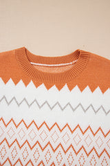 Khaki Zigzag Geometric Pattern Knitted Pullover Sweater - Femstylo