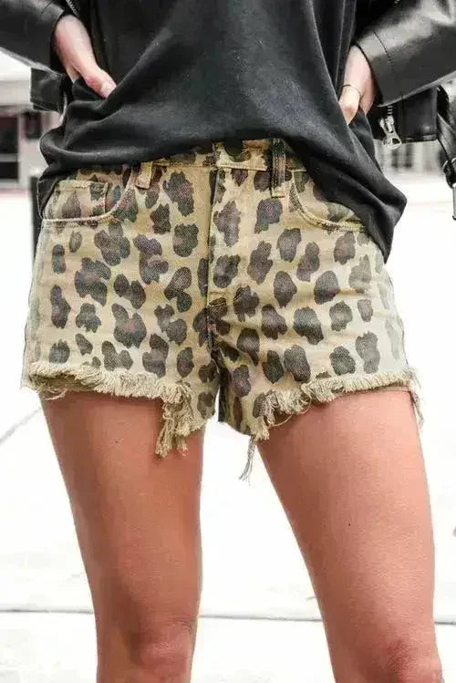 Brown Leopard Mid Waist Frayed Hemline Jean Shorts - Femstylo