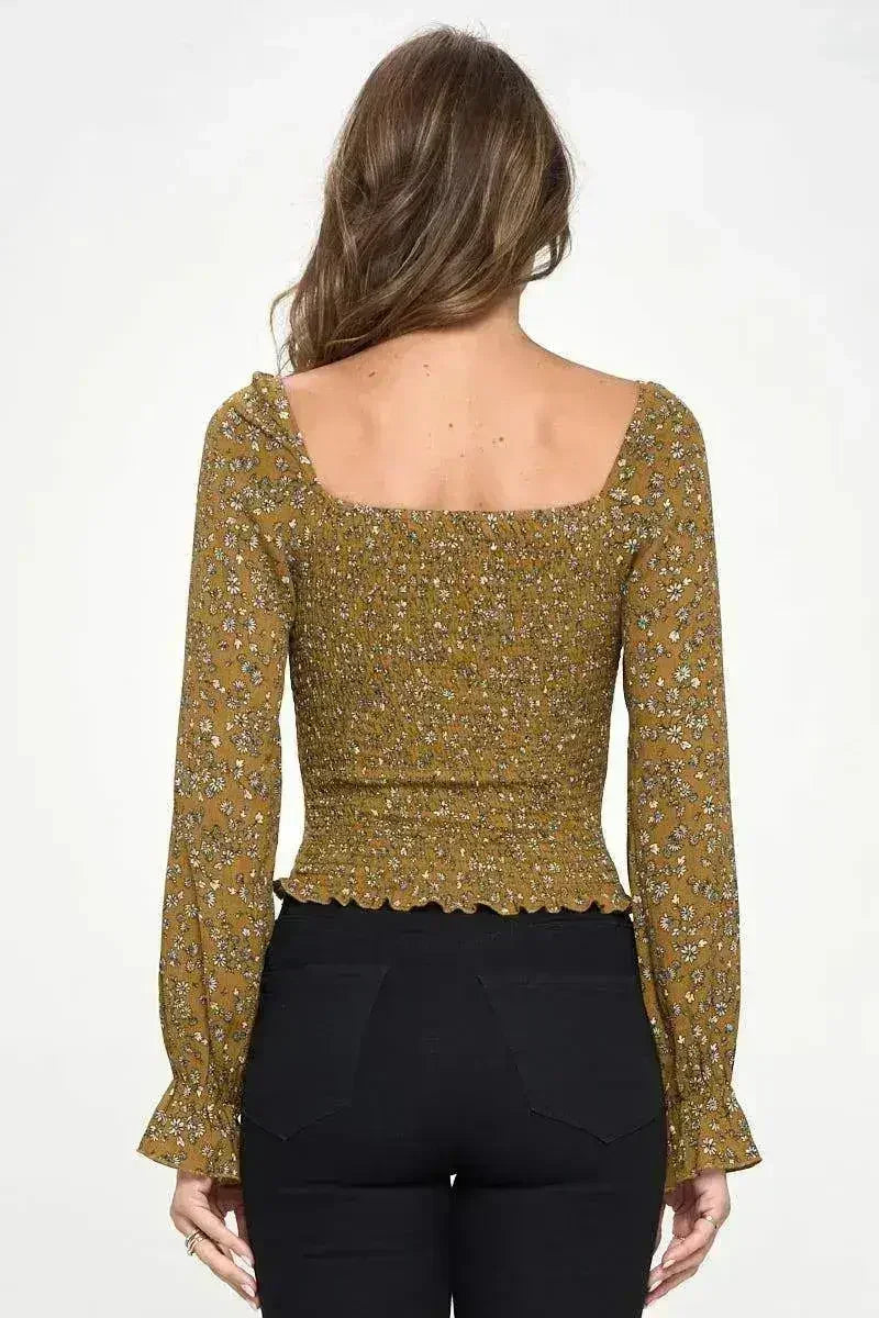Smocked Floral Long Sleeve Top with Ruffle Neckline - Femstylo