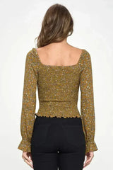 Smocked Floral Long Sleeve Top with Ruffle Neckline - Femstylo