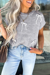 Light Grey Bowknot Applique Cap Sleeve Sweater