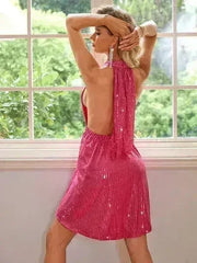 Sequin Halter Neck Mini Dress - Femstylo