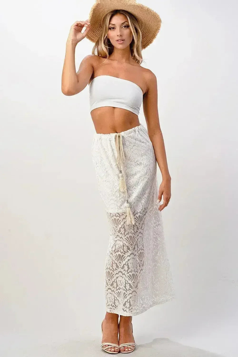Sheer Lace Maxi Skirt with Drawstring Waist - Femstylo
