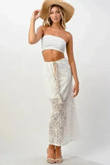 Sheer Lace Maxi Skirt with Drawstring Waist - Femstylo