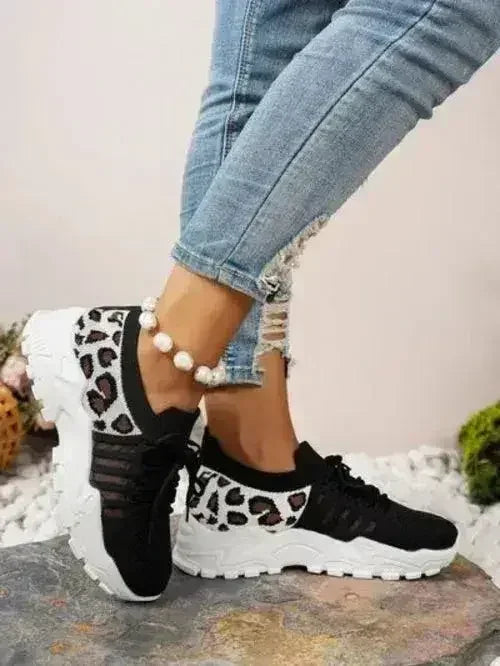 Cutout Leopard Lace Up Mesh Athletic - Femstylo