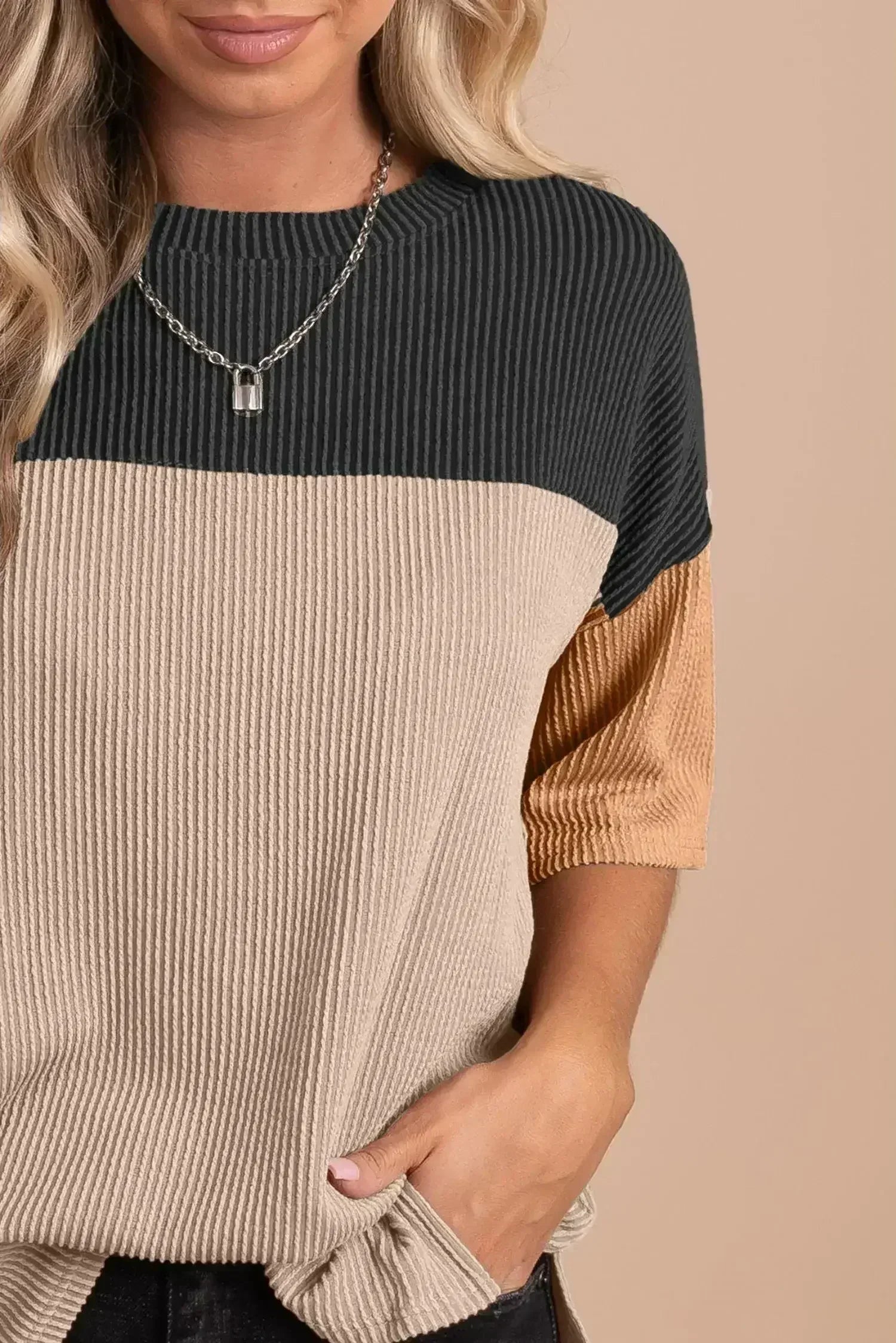 Black Color Block Ribbed Side Slits Half Sleeve Top - Femstylo