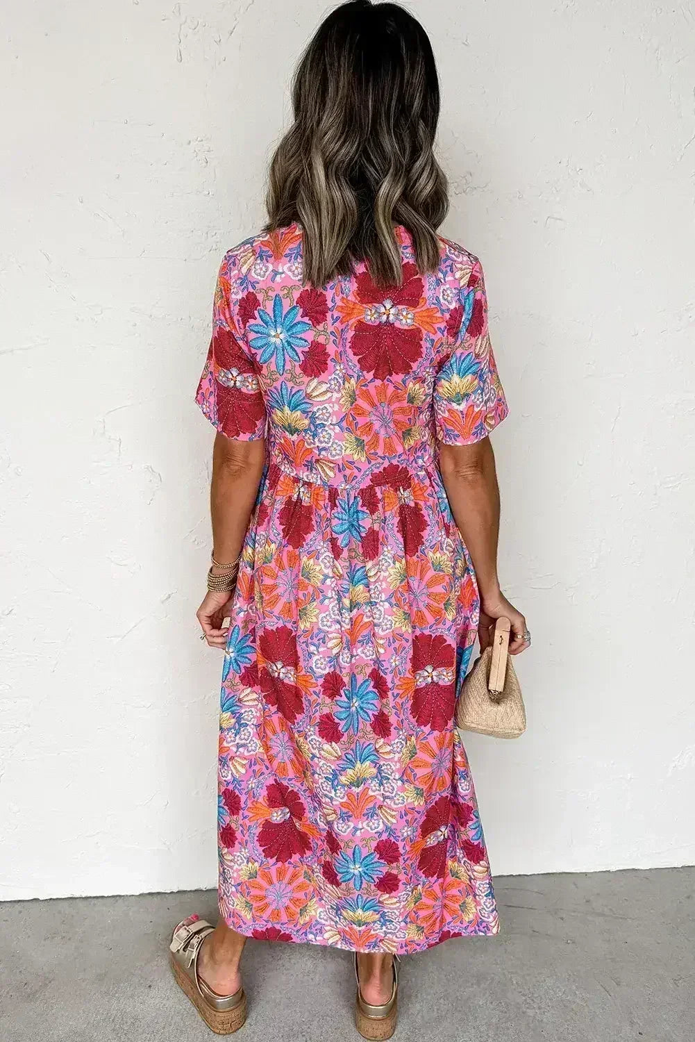 Rose Floral Print Tie Front High Waist Loose Midi Dress - Femstylo