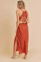 Aemi + Co Ruched Side Slit Cutout Back Maxi Cami Dress - Femstylo