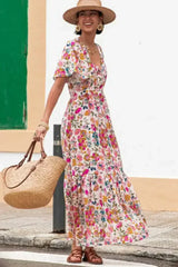 Red Floral Short Sleeve V Neck High Waist Maxi Dress - Femstylo