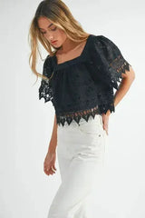 MABLE Square Neck Crochet Lace Top With Double Bow Tie - Femstylo