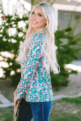 Green Floral Pleated Blouse - Relaxed Long Sleeve Top | Femstylo - Femstylo