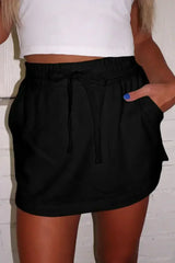 Black French Terry Drawstring Mini Skort with Pockets - Femstylo