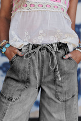 Gray Drawstring Seam Detail Raw Hem Wide Leg Jeans
