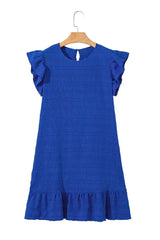 Dark Blue Textured Flutter Sleeve Ruffle Mini Dress - Femstylo
