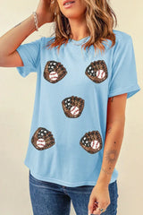 Light Blue Baseball Sequin Patched Casual T Shirt