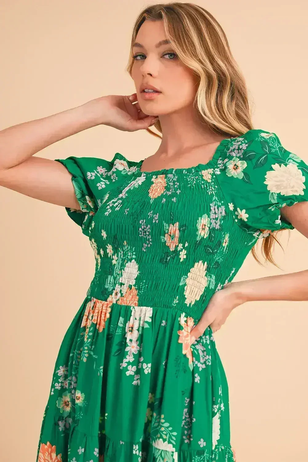 Green Floral Print Bubble Sleeve Smocked Tiered Midi Dress - Femstylo