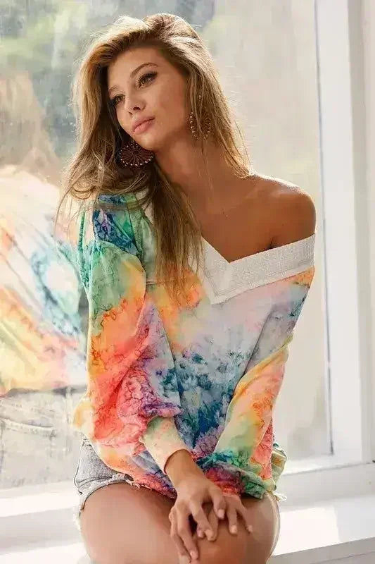 BiBi Tie Dye Soft Knit Jersey V-Neck Top | Femstylo - Femstylo