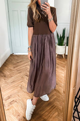 Coffee Knit Top Patchwork Pleated Half Sleeve Long Dress