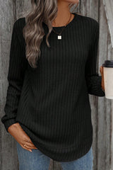 Black Ribbed Texture Round Neck Long Sleeve Rounded Hem Top
