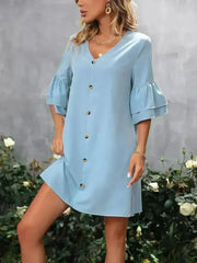 V-Neck Mini Dress – Ruffled Detail & Decorative Buttons - Femstylo