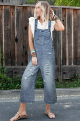 Stone Blue Distressed Bib Pocket Wide Leg Denim Overall - Femstylo
