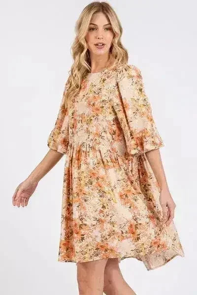 Mittoshop Flower Print Linen Blend Babydoll Mini Dress - Femstylo