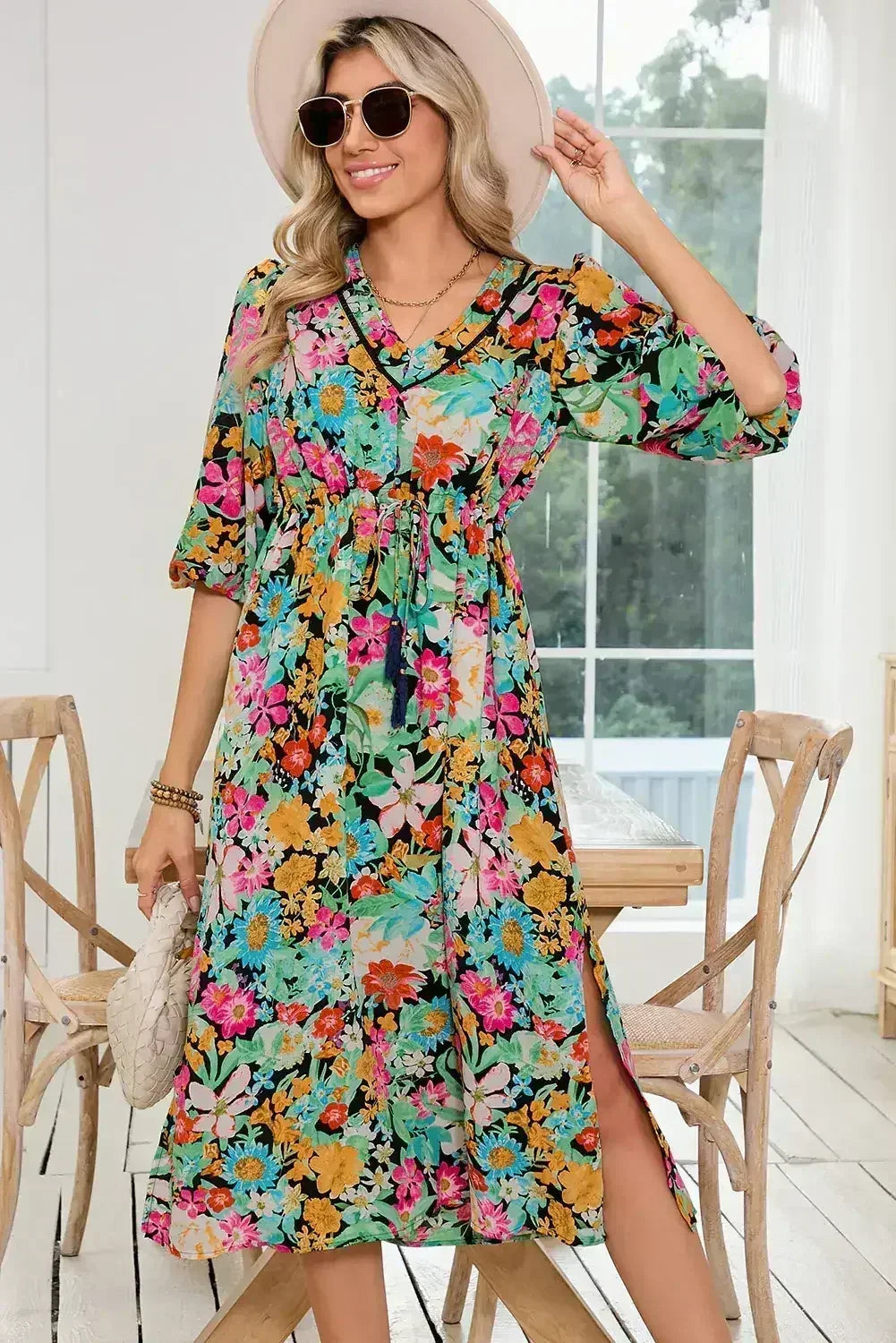 Green Boho Floral Puff Sleeve V Neck Tassel Drawstring Midi Dress - Femstylo