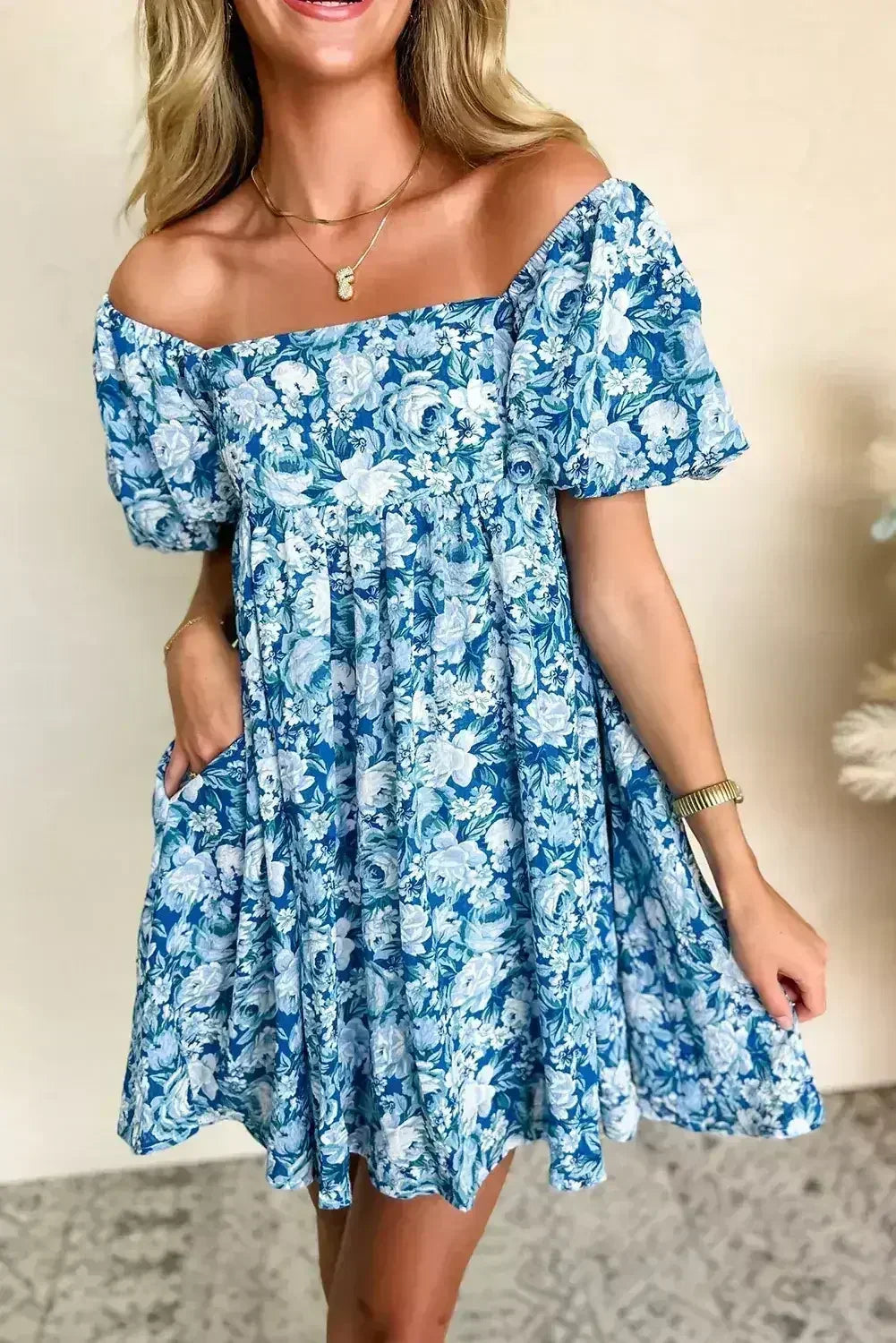 Blue Floral Puff Sleeve Babydoll Mini Dress - Femstylo