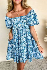 Blue Floral Puff Sleeve Babydoll Mini Dress - Femstylo