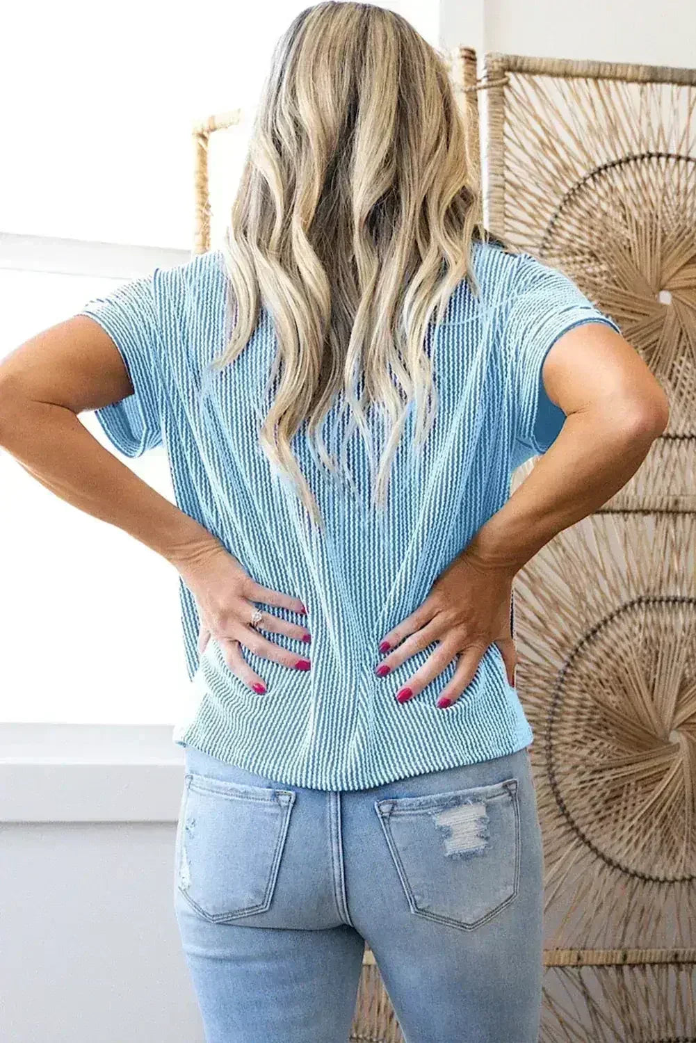 Pink Corded Colorblock Pocket Crew Neck T Shirt - Femstylo