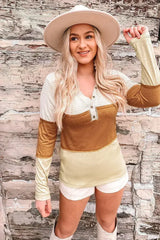 Orange Color Block Henley Top - Striped V-Neck Knit | Femstylo - Femstylo