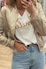 Pale Khaki Metallic Zip-Up Baseball Jacket – Femstylo