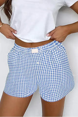 Blue Vintage Gingham Print High Waisted Loose Shorts - Femstylo