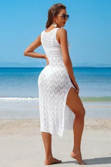 Crochet Beach Coverup Dress – High Split Maxi with U-Neck - Femstylo