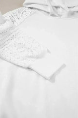 White Lace Patchwork Sleeve Drawstring Hoodie - Femstylo
