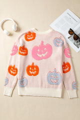 Beige Halloween Cute Pumpkin Pattern Sweater